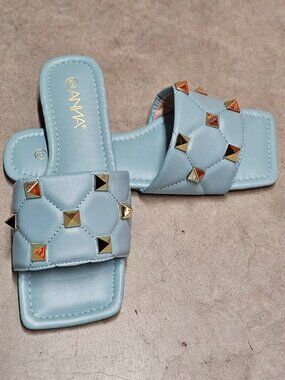 Quilted Sky Blue Slide Sandals With Gold Studs Square Toe Casual Flat Design For